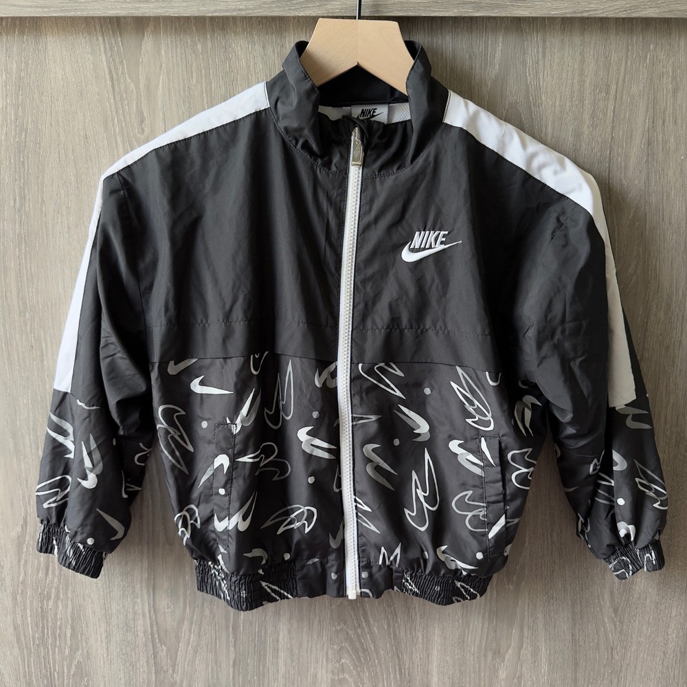 Nike Windbreaker Kids 6X Black White Swoosh Logo Print Sporty Full Zip Jacket